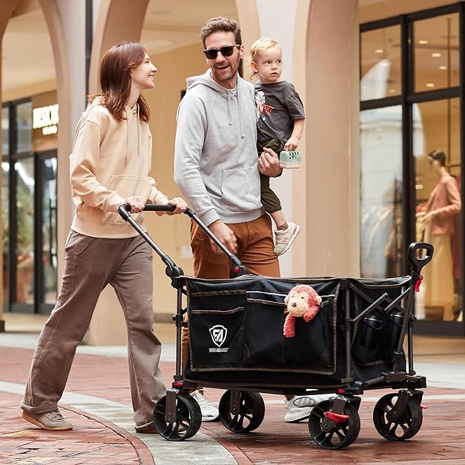 EVER ADVANCED Folding Push Wagon with Brakes, Portable Shopping Cart, Collapsible Wagon Cart with All-Terrain Big Wheels for Camping, Beach, Sports