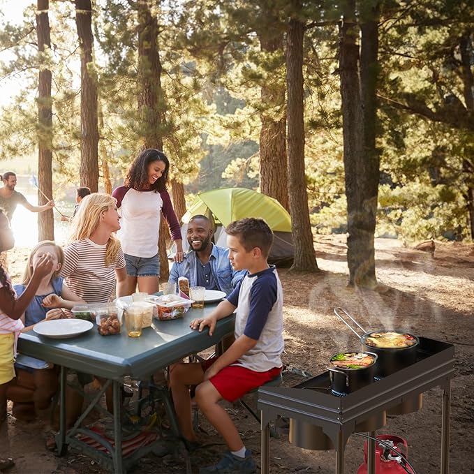 CAMPLUX 3 Burner Camping Stove for Outdoor Cooking, 225,000 BTU Propane Outdoor Stove with Detachable Stand Legs and Windshield, Propane Gas Stove with Adjustable High Pressure Regulator and Hose