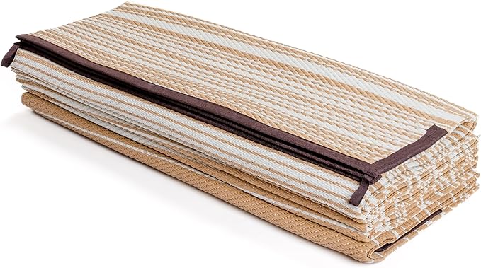 FH Home Outdoor Camping Rug - Waterproof, Fade Resistant, Reversible - Premium Recycled Plastic - Striped - Large Patio, Deck, Sunroom, RV - Havana - Beige - 9 x 12 ft Foldable