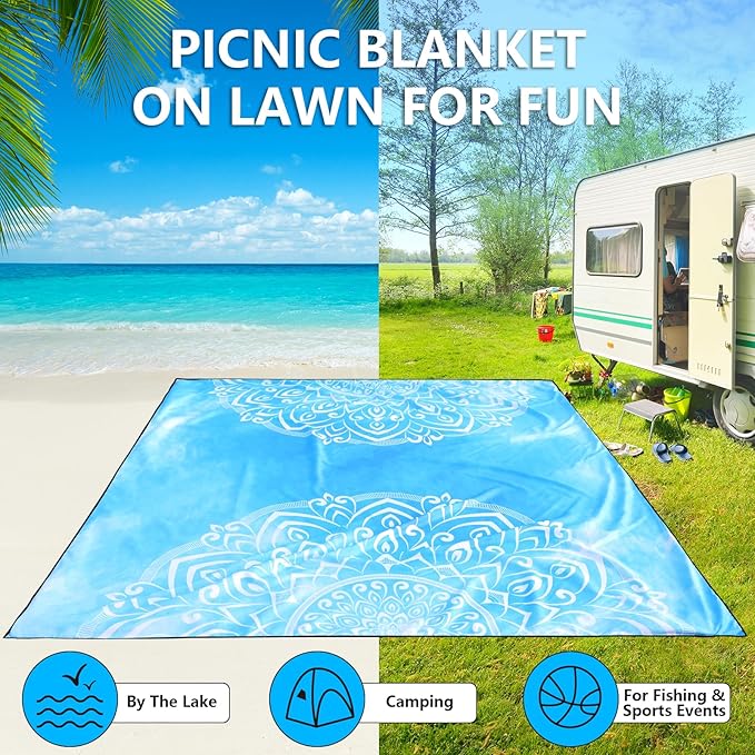 Beach Blanket Waterproof Sandproof Beach Mat 79" X 83"/10'x9'for 2-8 Adults Quick Drying Outdoor Picnic Mat Beach Accessories for Travel, Camping, Hiking