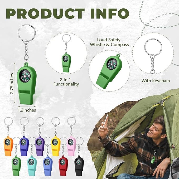 50 Pcs 2 in 1 Compass Whistles with Keychains, Emergency Survival Whistle Bulk, Easy to Carry Loud Safety for Outdoor Hiking Hunting Camping Boating Fishing(10 Colors)