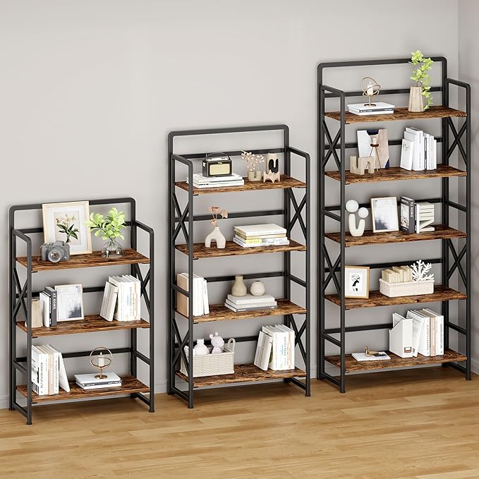 No Assembly Folding Bookshelf, 5 Tiers Vintage Wood Collapsible Book Shelf for Storage,Industrial Metal Foldable Bookcase Organizer for Living Room Bedroom Home Office (Rustic Brown)