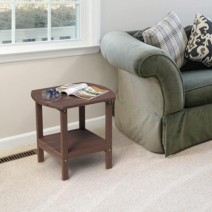 TORVA Patio Adirondack Side Table, Outdoor End Tables All-Weather Resistant HDPE Humidity-Proof Long Time Use for Deck, Lawn,Garden, Porch, Backyard End Table（Brown Color）(2 Tier)
