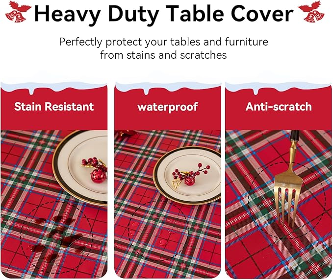 Romanstile Christmas Rectangle Vinyl Tablecloth, 100% Waterproof Oil-Proof Checkered PVC Table Cloth, Heavy Duty Xmas Plastic Table Cover for Dining, Party, Holiday Decor - 54 x 120 Inch, Red
