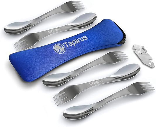 Tapirus - 5 Spork Of Steel Utensils Set - 8-inch Long Durable & Rust Proof Stainless Steel Spoon, Fork & Knife Flatware - For Camping, Fishing, & Hunting - With Bottle Opener & Carrying Case