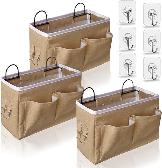 3pcs Middle Wall Hanging Organizer Bag, Linen Fabric Door Hanging Storage Basket with Pockets, Waterproof Bin for Kitchen, Bedroom, Office, RV Camper (Khaki)