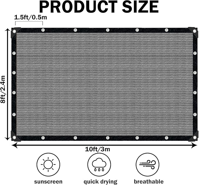Sun Shade Cloth with Grommets,90% UV Protection Shade Fabric,Pergola Shade Cover Canopy Fence Privacy Screen Balcony,Sunshades for Patio Pergola Garden Backyard Porch Outdoor,Grey-8x10FT