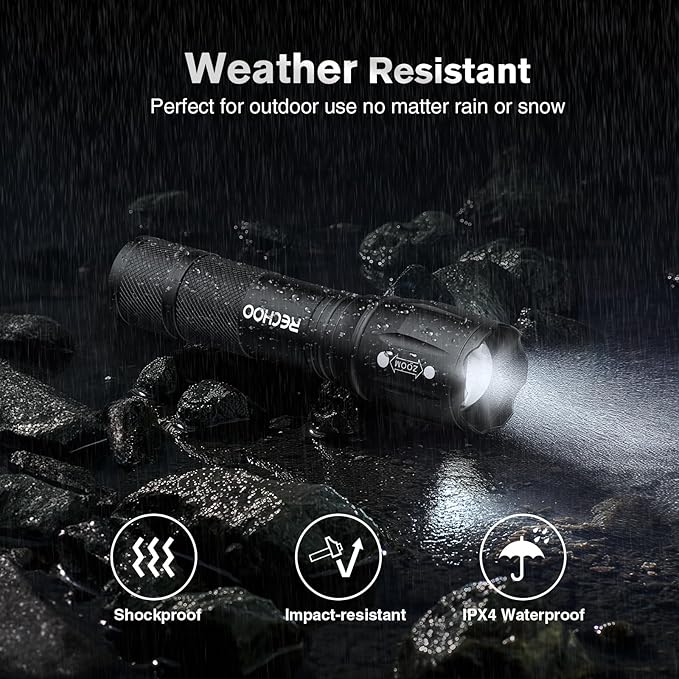 RECHOO LED Flashlight 6 Pack, Tactical Flashlights High Lumens with 3 Modes, Pocket Small Flash Light, Waterproof Zoomable Flashlights for Home Emergency, Camping Essentials (Battery Included)