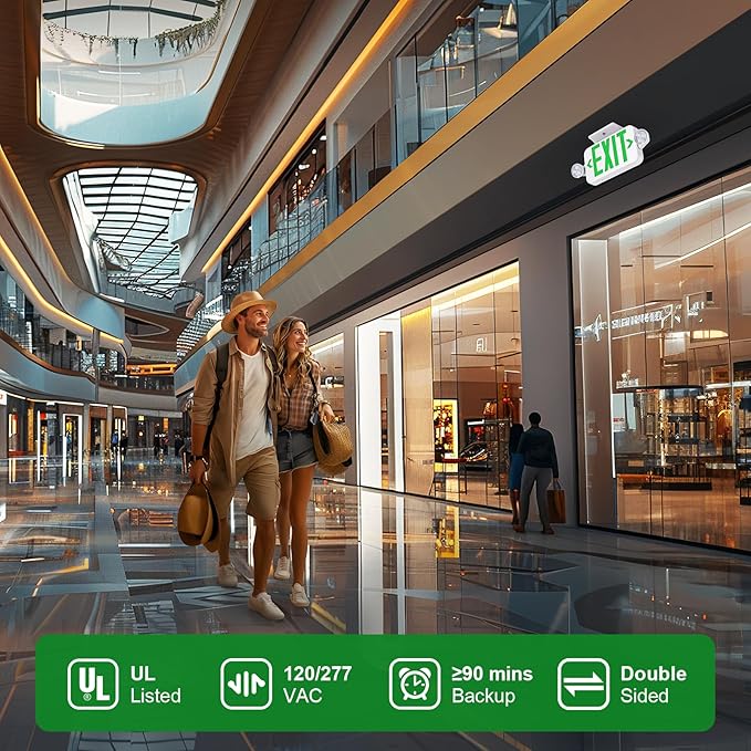 Emergency Exit Sign Lights Combo with Battery Backup, Double Sided Hardwired 6 LEDs Exit Signs, Adjustable Heads Green Emergency Exit Lighting Ceiling/Wall Mount, UL Listed, AC 120/277V (4 Pack)