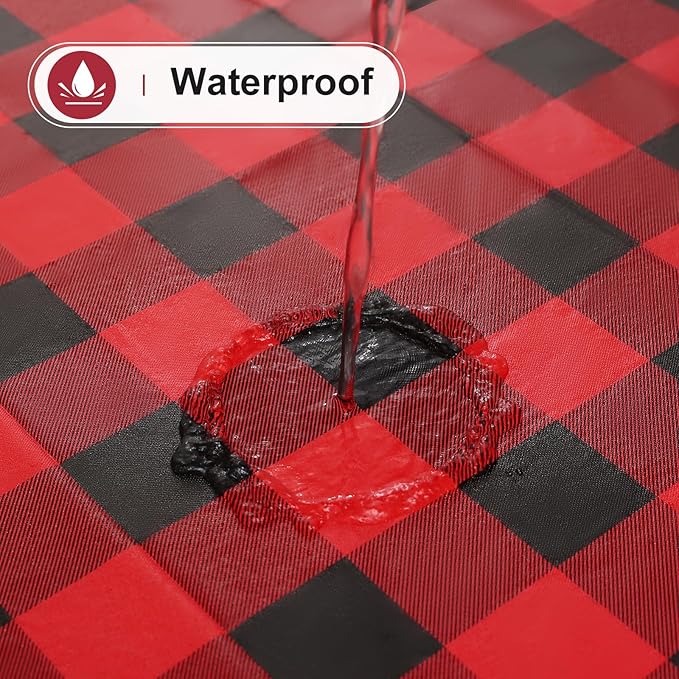 misaya Round Waterproof Vinyl Table Cloth, Buffalo Flannel Backed Tablecloth, Wipeable Plastic Table Cover for Dinner, Kitchen, Picnic (60", Red and Black)