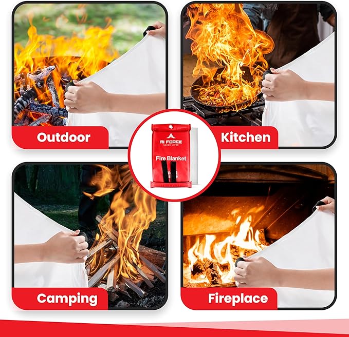 AI FORCE Fire Blanket with Gloves & Hooks – Fireproof Emergency Safety Blanket for Home, Kitchen, Fireplace, Camping, BBQ, Grease & Outdoor Fires – Survival Gear