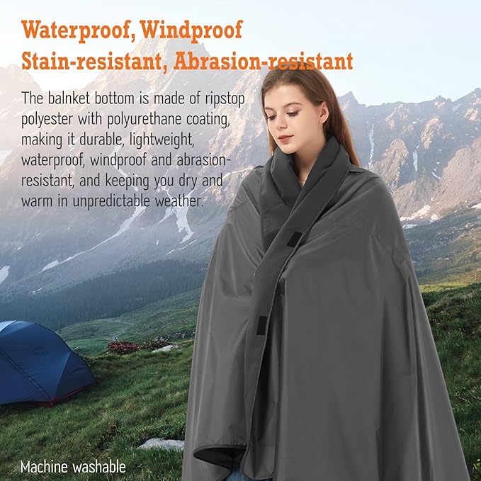 4-in-1 Large Camping Blankets - Waterproof, Windproof Fleece Outdoor Blankets for Stadium, Sports, Car, Concert - 81"x57", Portable (Dark Gray)