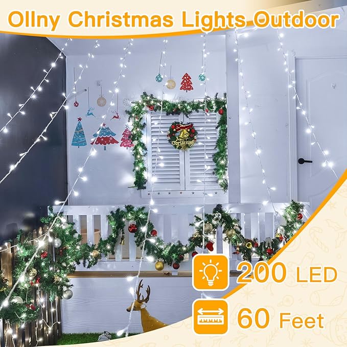 Ollny Christmas Lights Outdoor 200LED 60FT, Cool White Connectable Plug in Fairy Light Indoor, 8 Modes Waterproof Timer Plug in LED String Lights for House Outside Bedroom Patio Balcony