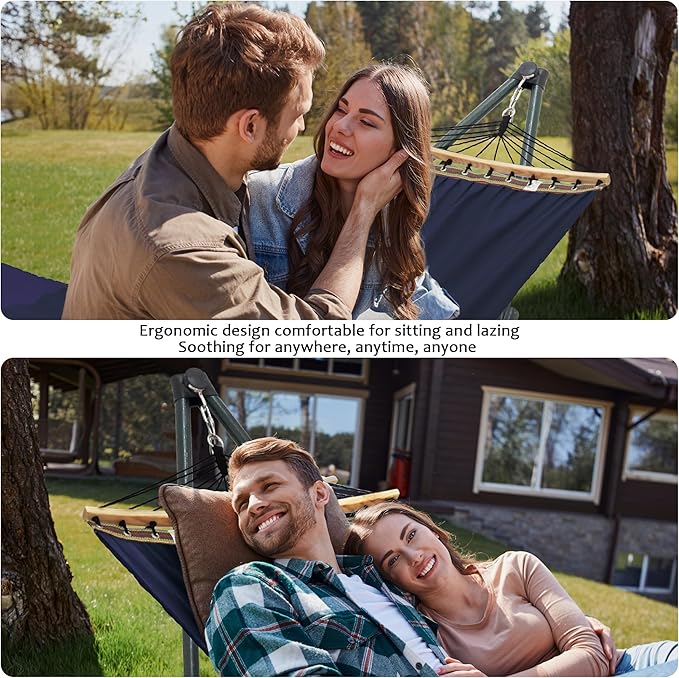 Tranquillo Ultimate Relaxation Portable Hammock Stand with Cotton Canvas Net, Spreader Bar, Quick Fold Unfold in 30 Seconds Steel Frame Hammock 600 lbs Capacity Outdoor, Navy