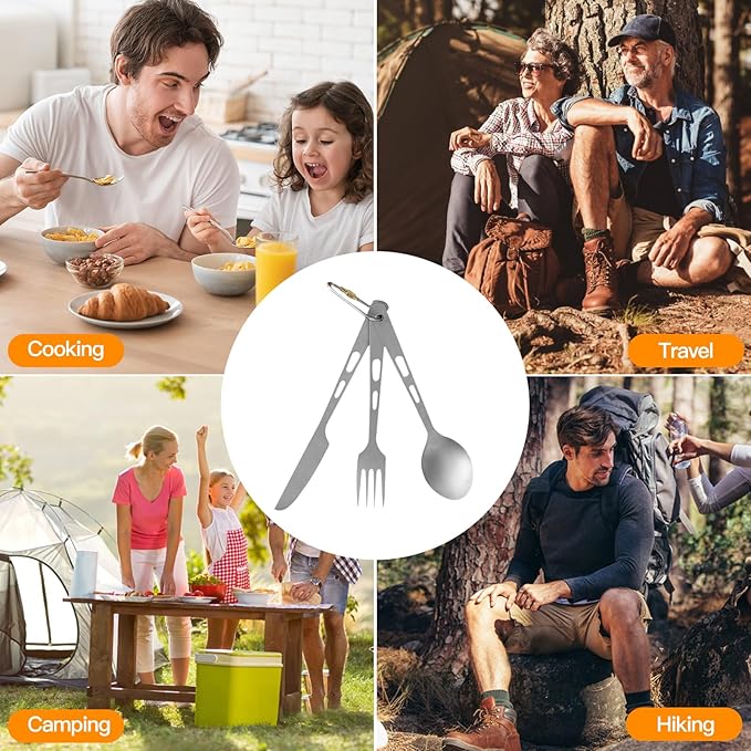 Titanium Camping Utensil Set Lightweight Titanium Flatware Knife Fork Spoon with Carrying Bag for Traveling Picnic Hiking