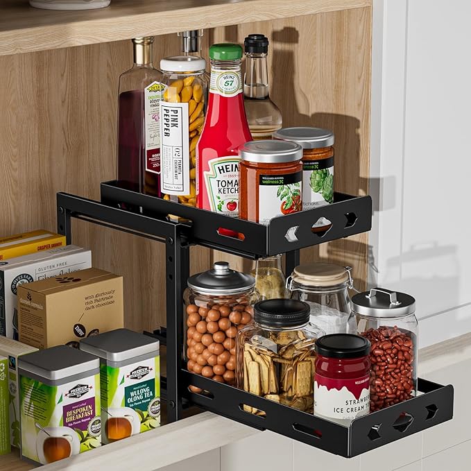 Pull Out Spice Racks for Inside Cabinets, 2-Tier Cabinet Spice Rack Organizer, Height Adjustable Vertical Spice Rack for Kitchen Cabinet (7.5''Wx10.8''Dx9.2''H, Metal Black)