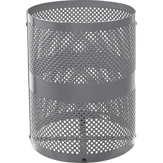 Global Industrial 32 Gallon Outdoor Perforated Steel Round Trash Can with Rain Bonnet Lid, Plastic Liner and Anchor Kit Included, 23-1/2" Diameter x 40-1/2"H, Gray