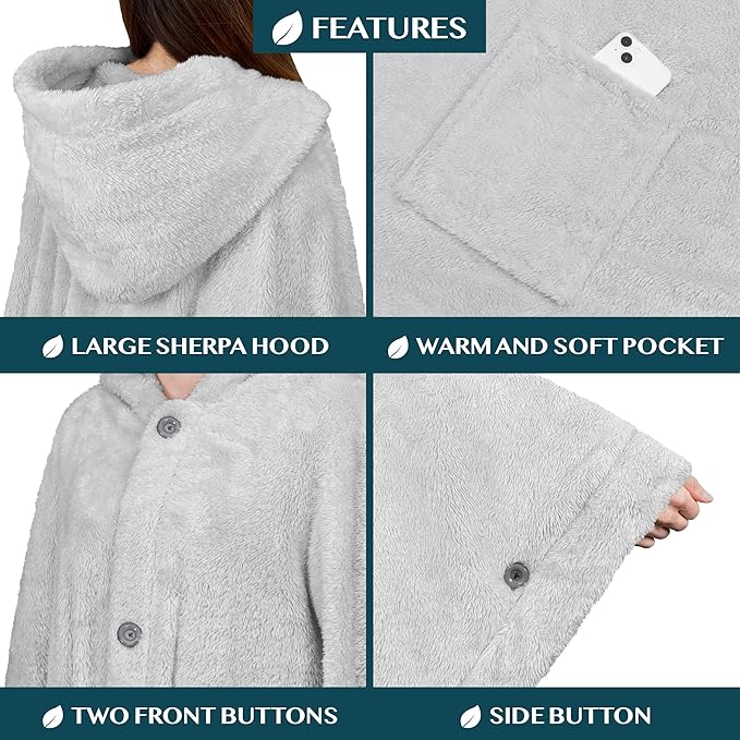 PAVILIA Angel Wrap Hooded Blanket Poncho, Wearable Blanket Throw Wrap Poncho for Women Adult, Cozy Fluffy Sherpa Fleece Shawl Cape with Hood pockets, Warm Gift for Mom Wife, Light Gray
