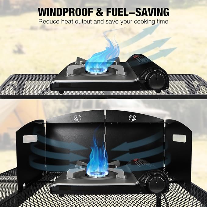 REDCAMP Portable 4-Panel Steel Camping Stove Windscreen, Foldable Windproof Outdoor Gas Stove Windshield with Storage Bag for Camping, Hiking, Backpacking, Picnic, Cooking (Black)