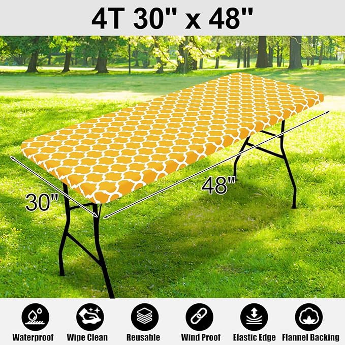 Smiry Rectangle Picnic Table Cover, Waterproof Elastic Fitted Camping Tablecloths for 4 Foot Tables, Wipeable Flannel Backed Vinyl Tablecloth Protector for Outdoor (Mustard Yellow, 30x48 Inches)