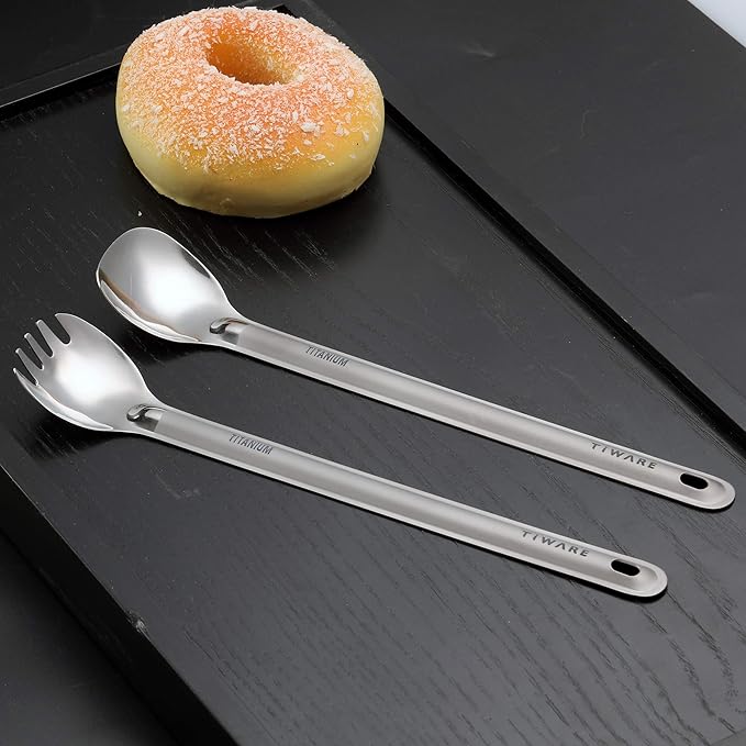 Lot of 2 Titanium Long Handle Spoon & Spork (2 in 1 spoon & fork) Outdoor Ultralight Portable Stirring/Mixing Cookware Polished bowl Flatware for Kitchen Camping Hiking Traveling w. Storage bag