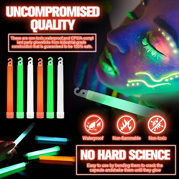 Sotiff 96 Pcs 6 Inch Ultra Bright Emergency Glowing Sticks, Glow Sticks with 12 Hour Duration, Halloween Favors for Party Birthday Wedding Concerts Halloween
