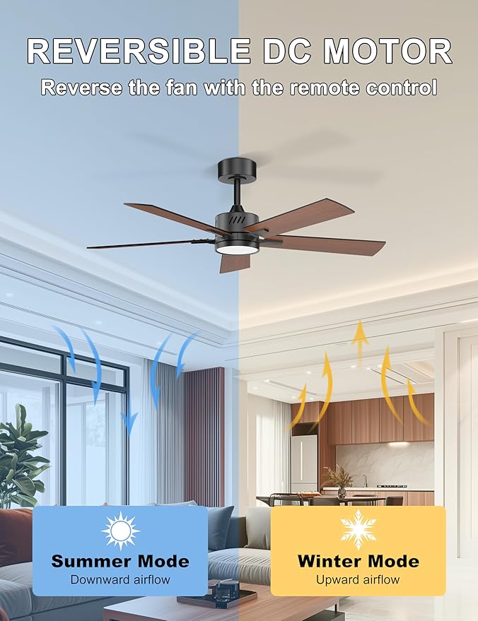 Ohniyou 48'' Ceiling Fans with Lights and Remote, 6 Speeds, 3 Colors & Dimmable LED Light, Reversible DC Motor Ceiling Fan with Walnut Blades