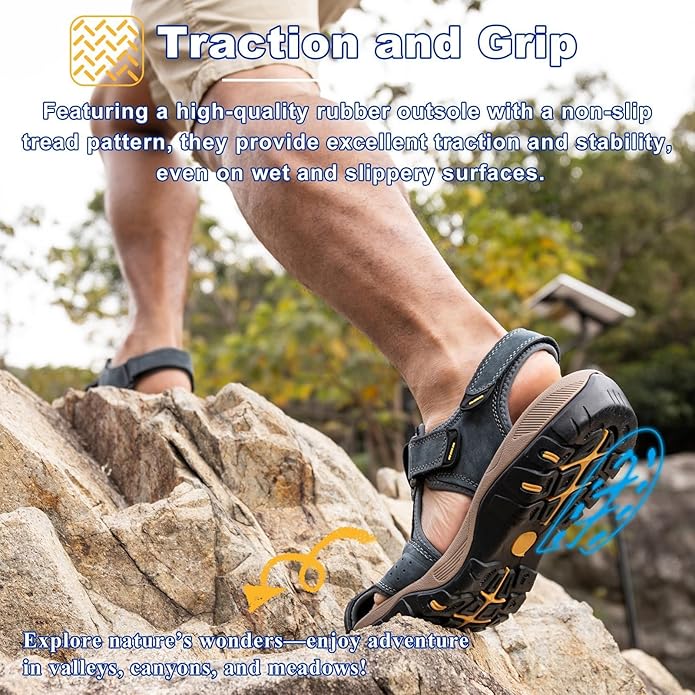 Men's Sport Sandals Closed Toe Leather Hiking Athletic Walking Outdoor Beach Trail River Fishing Water Shoes Lightweight Comfortable Waterproof