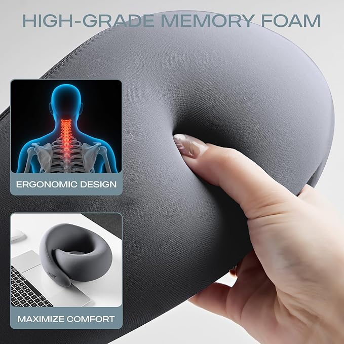 Skechers Memory Foam Travel Pillow,Comfortable & Breathable Airplane Travel Essential, Neck Pillow for Travel, Car Rides, Home, and Office Use, Ergonomic Design for Men and Women,Gray