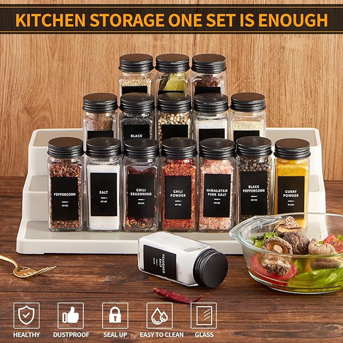 25 Pcs Spice Jars with Label- Glass Spice Jars with Black Metal Caps,Shaker Lids, Funnel, Chalk Pen, Brush,Cleaning Cloth 4oz Seasoning Containers Bottles for Spice Rack, Cabinet, Drawer