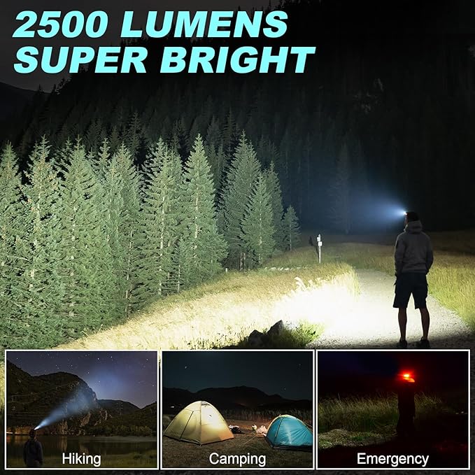 KERNOWO Solar Headlamp for Camping,Rechargeable LED Headlight for Adults with Motion Sensor, Six Adjustable Modes, Waterproof,Lightweight,Flashlight for Cycling,Hiking,Fishing,2-Pack,Black