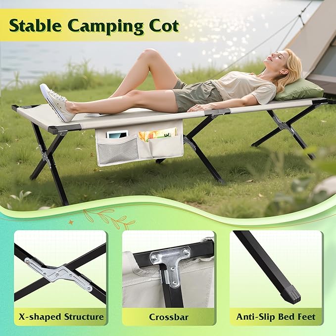 WLIVE Military Camping Cot, Portable Folding Cots for Sleeping with Carry Bag, Outdoor Camping Bed for Adults with Side Pocket, Support 300 Lbs, Silver Greige