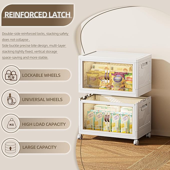 168 QT / 42 Gal Magnetic Door Storage Bins Collapsible Stackable w/1 Lid, Heavy Duty Plastic Cabinet with Wheels for Home Office Organization (White)