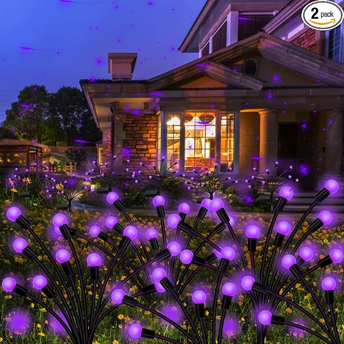 Solar Garden Lights Outdoor, 2 Pack 20 LED Solar Purple Firefly Lights Waterproof, Starburst Wind Swaying Light for Outside Yard Patio Planter Flower Bed Walkway Halloween Christmas Decoration