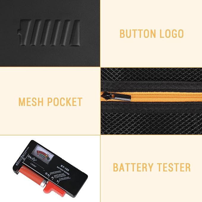 Battery Organizer Storage Case with Tester for AA AAA Button Battery Holder Carrying 3 Batteries Variety Pack 88 Batteries Zipper Mesh Bag (Batteries Not Included) (black-orange)