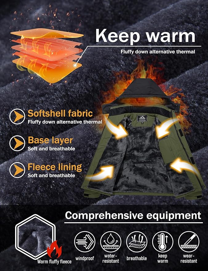 MAGCOMSEN Men's Winter Coats Water Resistant Ski Snow Jacket Warm Fleece Jacket Parka Raincoats With Multi-Pockets