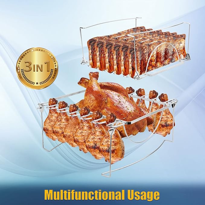 3-in-1 Rib Rack for Smoking & Chicken Leg Rack for Grill - Holds 6 Large Ribs, 12 Chicken Leg Wing, 1 Whole Chicken - Premium Foldable Space-Saving Chicken Drumstick Rib Racks for Grilling & Smoking