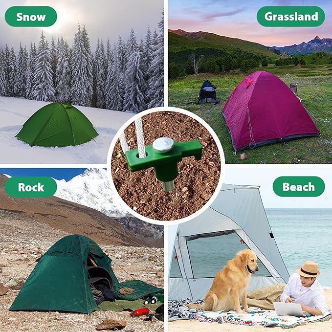 Eurmax USA Galvanized Non-Rust Camping Family Tent Pop Up Tent Stakes Canopy Anchors Heavy Duty 10pc-Pack, with 4x10ft Ropes & 1 Green Stopper