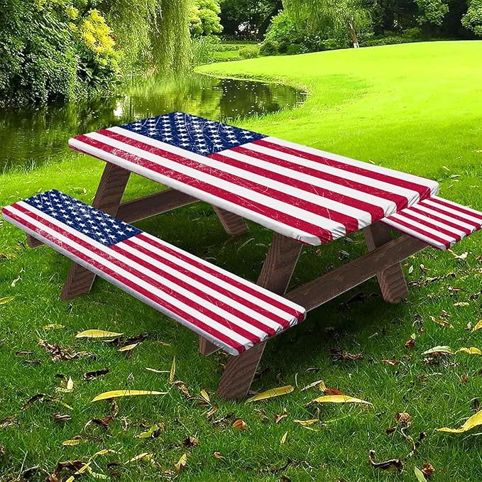 CAPSCEOLL Fitted Picnic Table Cover with Bench Covers 4Th of July Waterproof Camping Tablecloth All-Weather Outdoor Table Protector with Drawstring Bag for Camping Essentials, 72X30in, American Flag