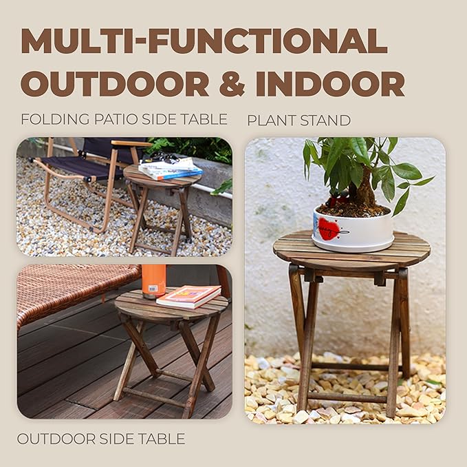 2PCs Folding Side Tables, Waterproof Patio Foldable End Table, Portable Side Table for Indoor and Outdoor Garden, Porch, Balcony, Camping, Fishing, Walnut Color, Small Size 13 inch Height