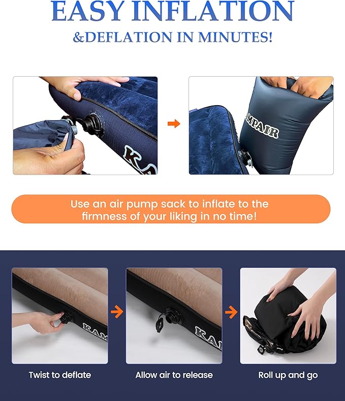 Inflatable Sleeping Pad for Camping, Extra-Thick 4.75" Single Air Mattress with Soft Velvet Top, Machine Washable, Family Lightweight 4-Season Pad for Traveling & Hiking, Brown