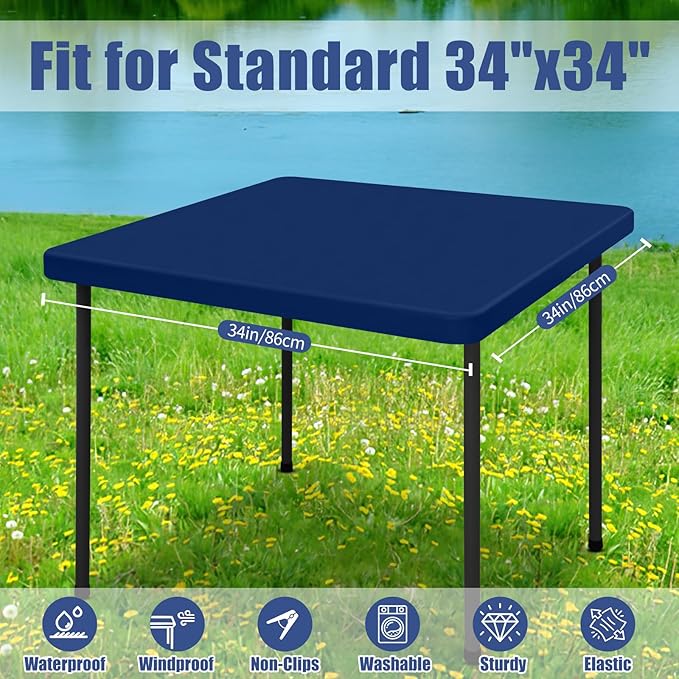 Spandex Picnic Table Cloth 2 Pack, Elastic Fitted Tablecloths for Square Tables, Stretch Washable Patio Table Cover for Outdoor, Camping, Banquet and Parties (Navy, 34"x34")