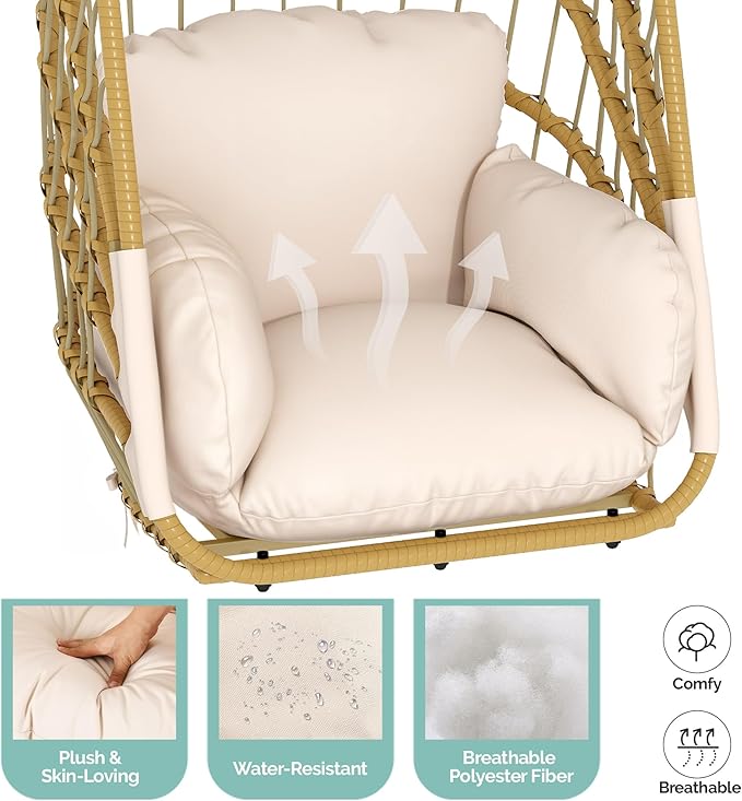 YITAHOME Hanging Egg Chair with Stand, Rattan Wicker Swing Egg Chair with Cushion, 370lbs Capacity, Foldable Hanging Basket Chair for Porch, Garden, Bedroom, Balcony - Beige