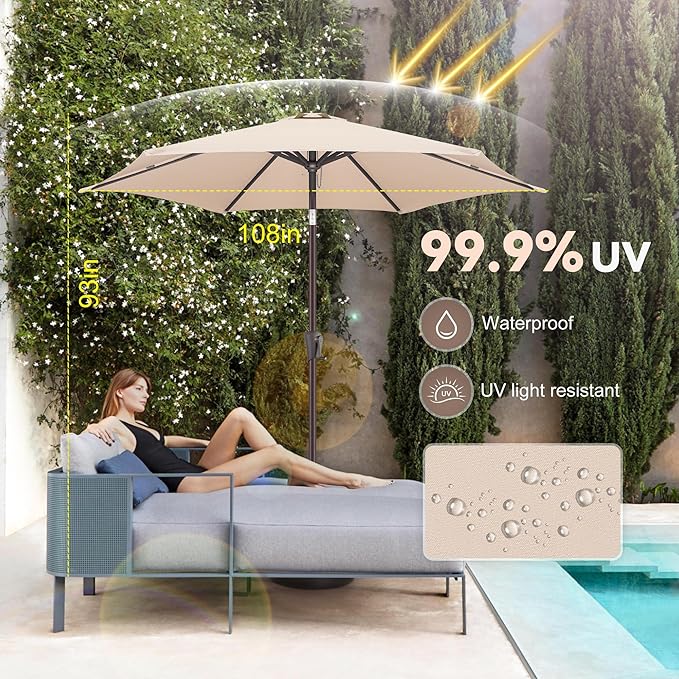 9ft Outdoor Patio Umbrella - Table Umbrella Waterprool UV Protection, Sombrillas de Patio with Push Button Tilt&Crank, Sun Umbrella for Pool, Porch, Garden, Deck, Backyard(Beige)