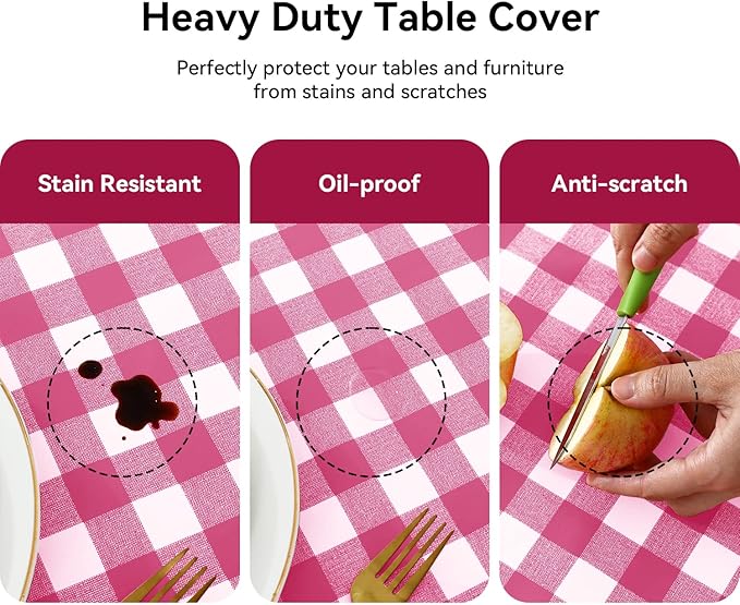 Romanstile Rectangle Vinyl PVC Tablecloth, 100% Waterproof Buffalo Plaid Plastic Table Cloth, Oil Proof Heavy Duty Wipeable Table Covers for Dining/Camping/Picnic/Outdoor - 54 x 120, Pink White