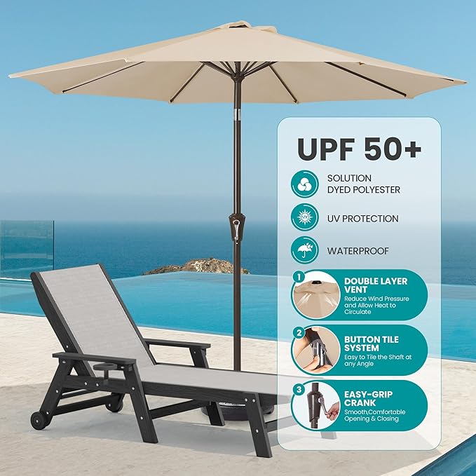 SERWALL Textilene Patio Chaise Lounge Chair Set of 2 with 9FT Patio Umbrella, 5 Positions Outdoor Lounger with Rolling Wheels for Pool, Deck, Black