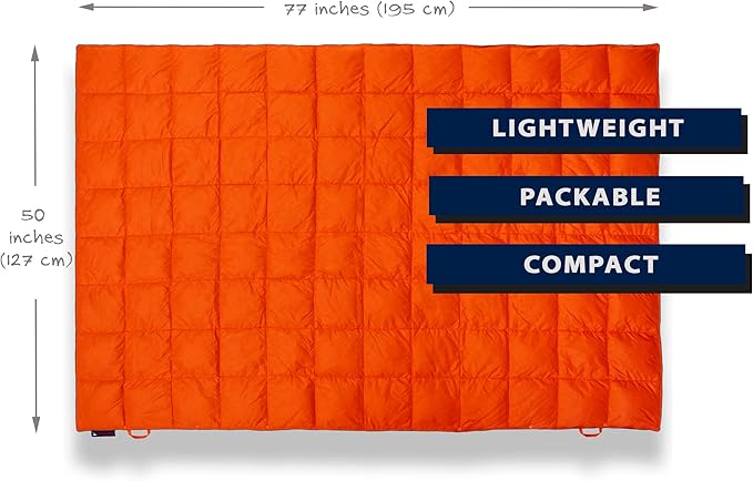 Down Camping Blanket - Puffy, Packable, Lightweight and Warm | Ideal for Outdoors, Travel, Stadium, Festivals, Beach, Hammock | 650 Fill Power Water-Resistant Backpacking Quilt