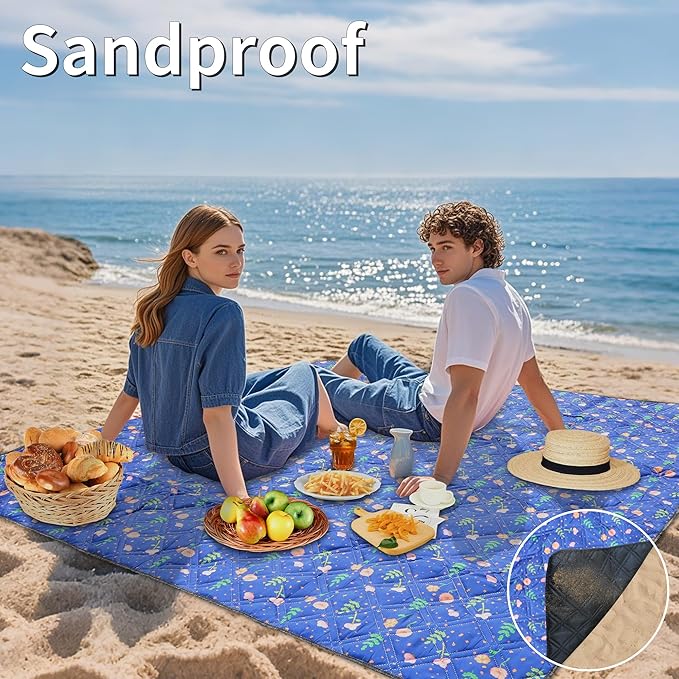Outdoor Picnic Blanket Blue Floral 80"x80" Large Sandproof Beach Blanket Waterproof Picnic Blankets Foldable for Caming, Beach, Outdoor Activities.