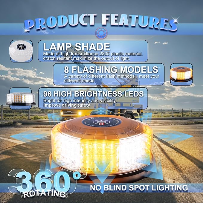 7" Magnetic Beacon Light, Emergency Lights for Vehicles, LED Rooftop Rotating Beacon Light, Amber-White Caution Hazard Beacon Magnetic Strobe Lights for Trucks Tractor Forklifts Boat Car
