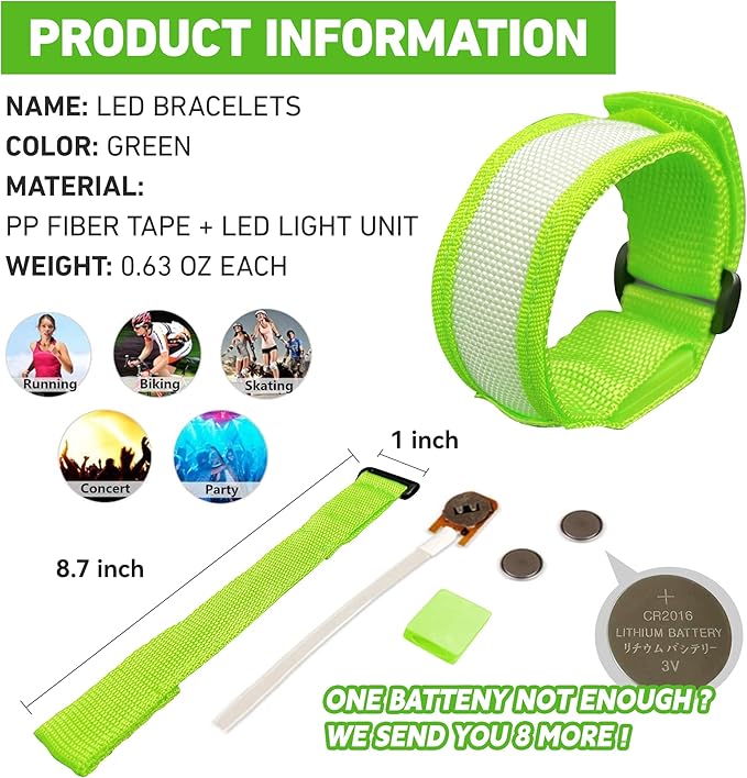 8 PCS LED Glow Bracelets, Light Up Wristbands - Halloween Glow in The Dark Party Bracelets Favors Supplies for Christmas, Concerts, Festivals, Game Prizes, Sports, Rave Accessories（Green）